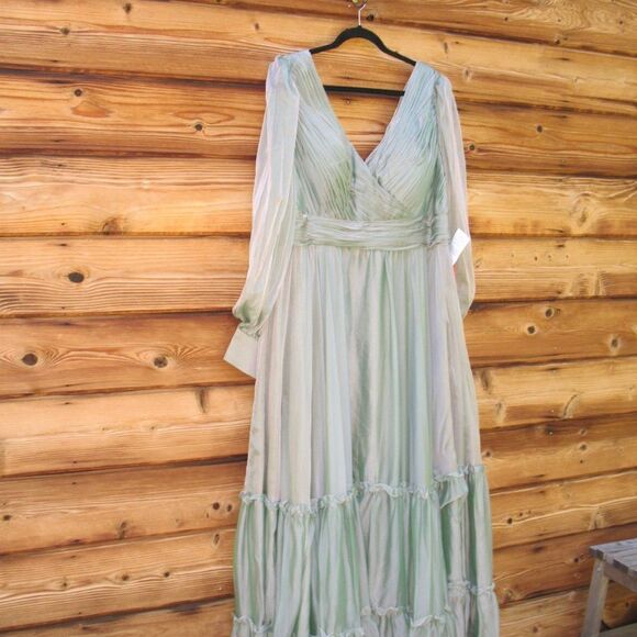 NWT Mac Duggal 67864 Long Sleeve Satin Chiffon Tiered Gown Dress Sage Green - Picture 6 of 15